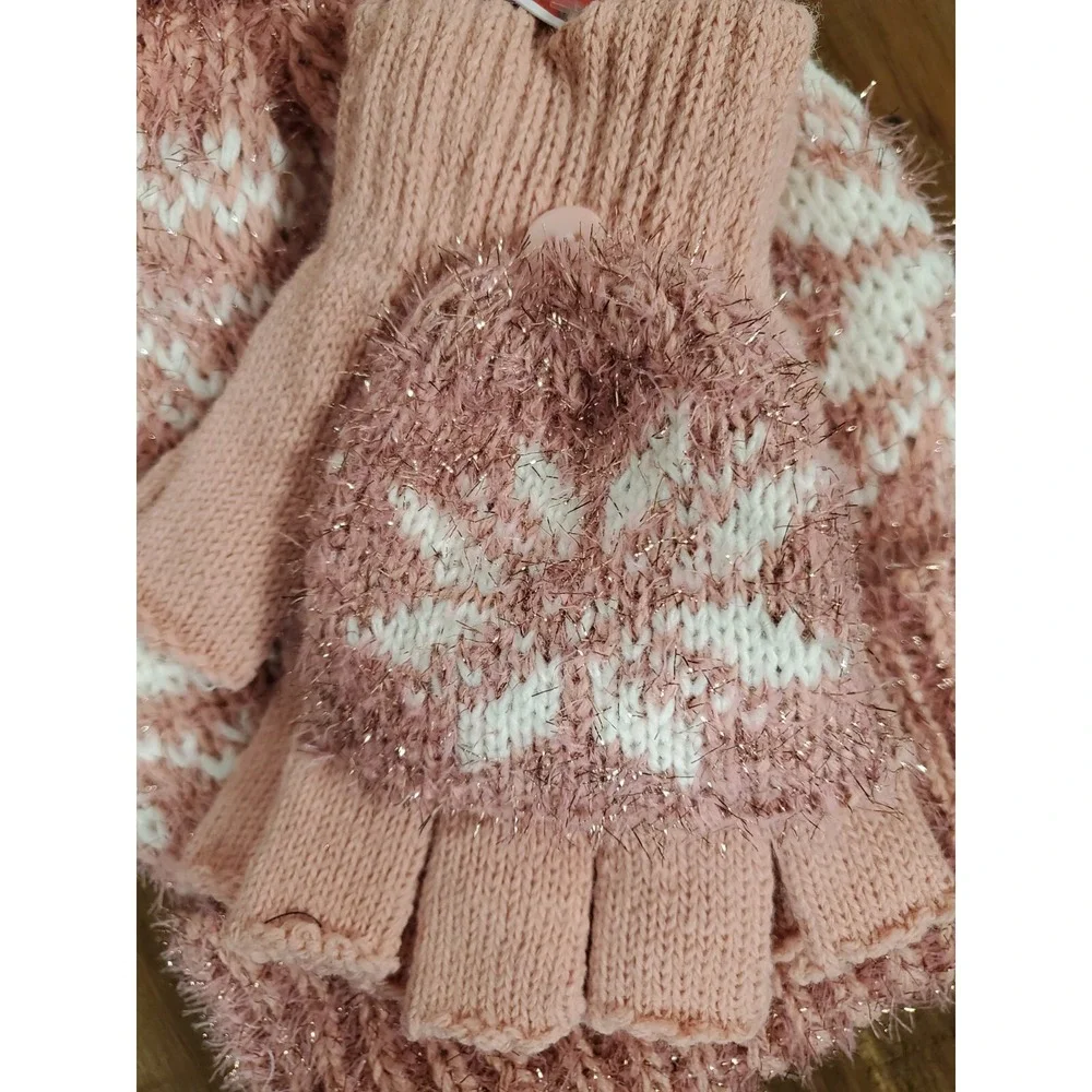 Tinsel Snowflake Hat & Gloves Set - Rose Pink Open Finger Texting Women's NEW